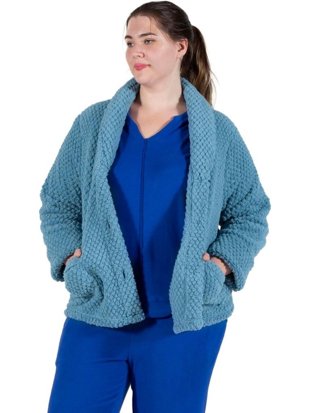 Cozy Women's Fleece Bed Jacket - Notched Collar, Long Sleeves, Front Pockets